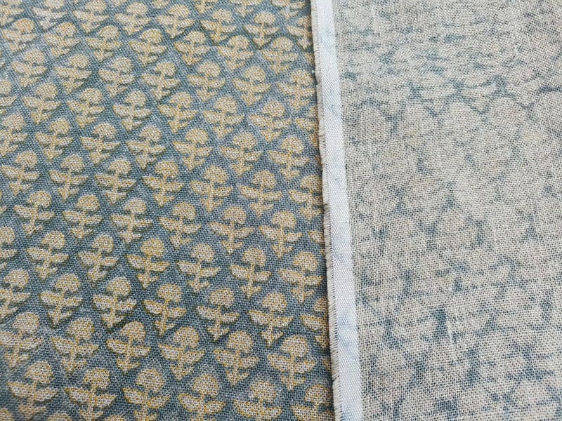 Aristan Hand Block Print Blue Mustard Thick Linen Fabric - Gulmohar