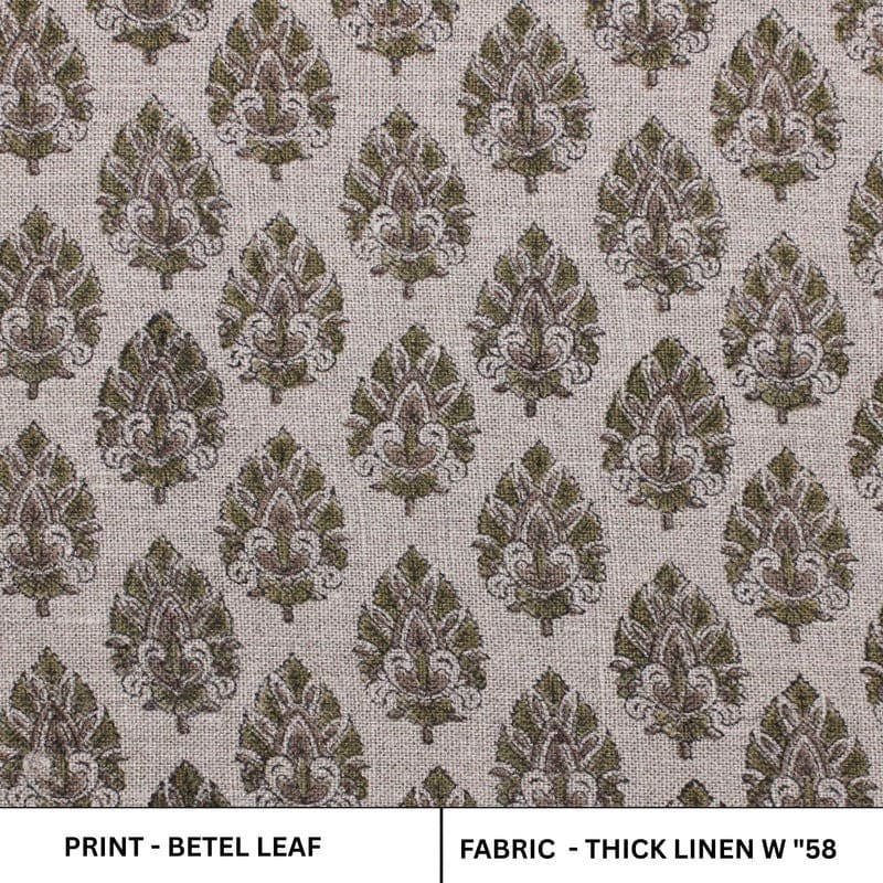 Handmade Block Print Green Floral Thick Linen Fabric - Betal Leaf