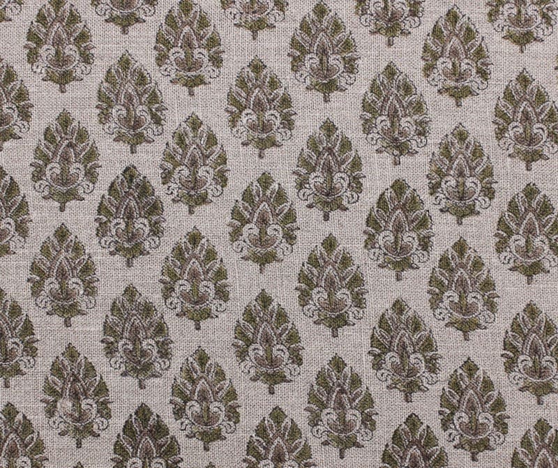 Handmade Block Print Green Floral Thick Linen Fabric - Betal Leaf