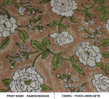 Aristan Hand Block Print Green Floral Thick Linen Fabric - Rameshwaram