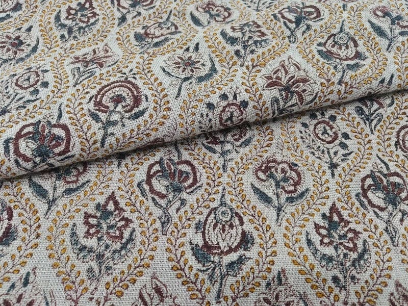 Aristan Hand Block Print Maroon Floral Thick Linen Fabric - Amerbel
