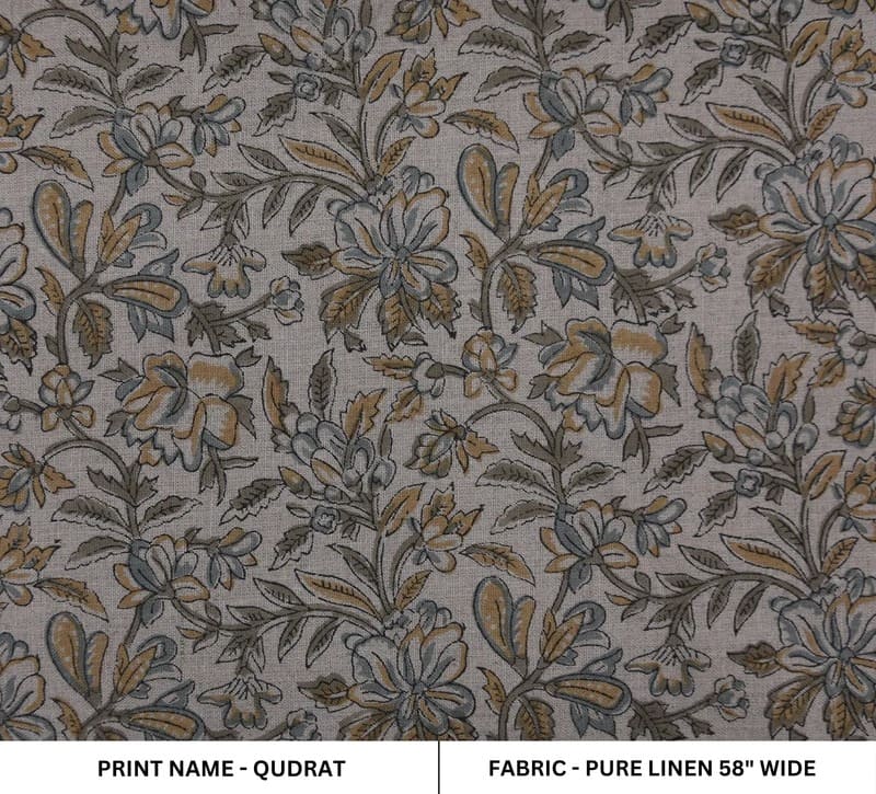 Aristan Handmade Block Print Brown Pure Linen Fabric - Qudrat