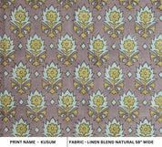 Handblock Floral Printed Linen Blend Fabric in Brown, Ash Gray & Olive Green Kusum