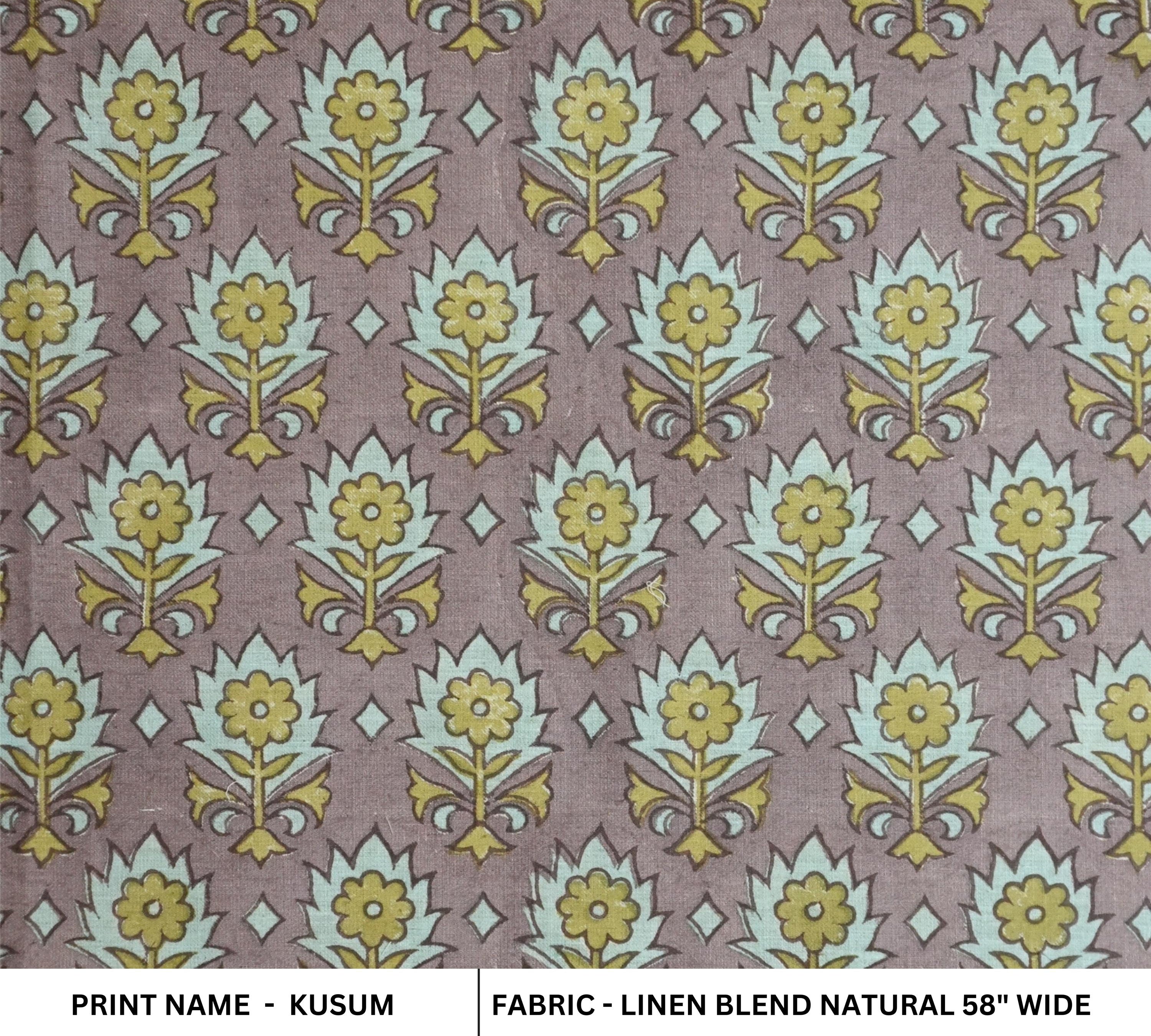 Handblock Floral Printed Linen Blend Fabric in Brown, Ash Gray & Olive Green Kusum