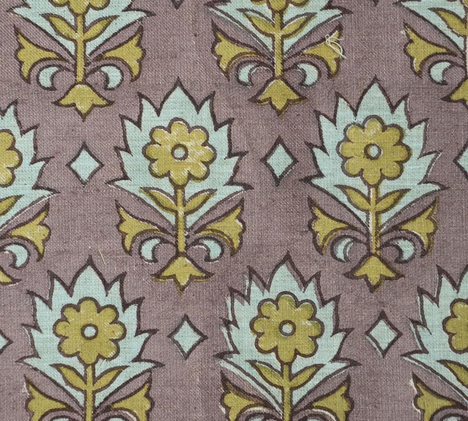 Handblock Floral Printed Linen Blend Fabric in Brown, Ash Gray & Olive Green Kusum