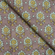 Handblock Floral Printed Linen Blend Fabric in Brown, Ash Gray & Olive Green Kusum