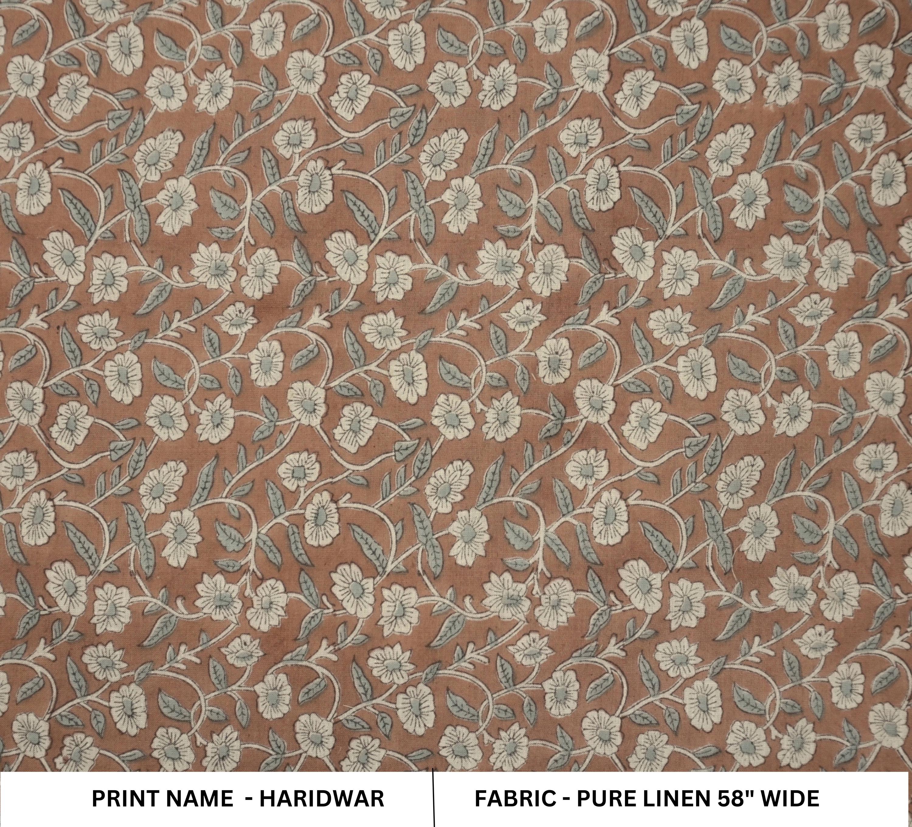Aristan Pure Linen Hand Block Print Brown Floral Fabric - Haridwar