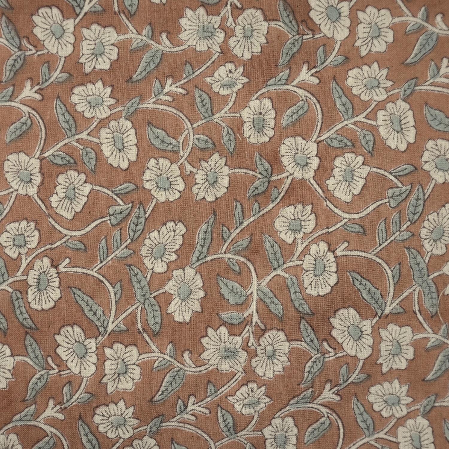 Aristan Pure Linen Hand Block Print Brown Floral Fabric - Haridwar