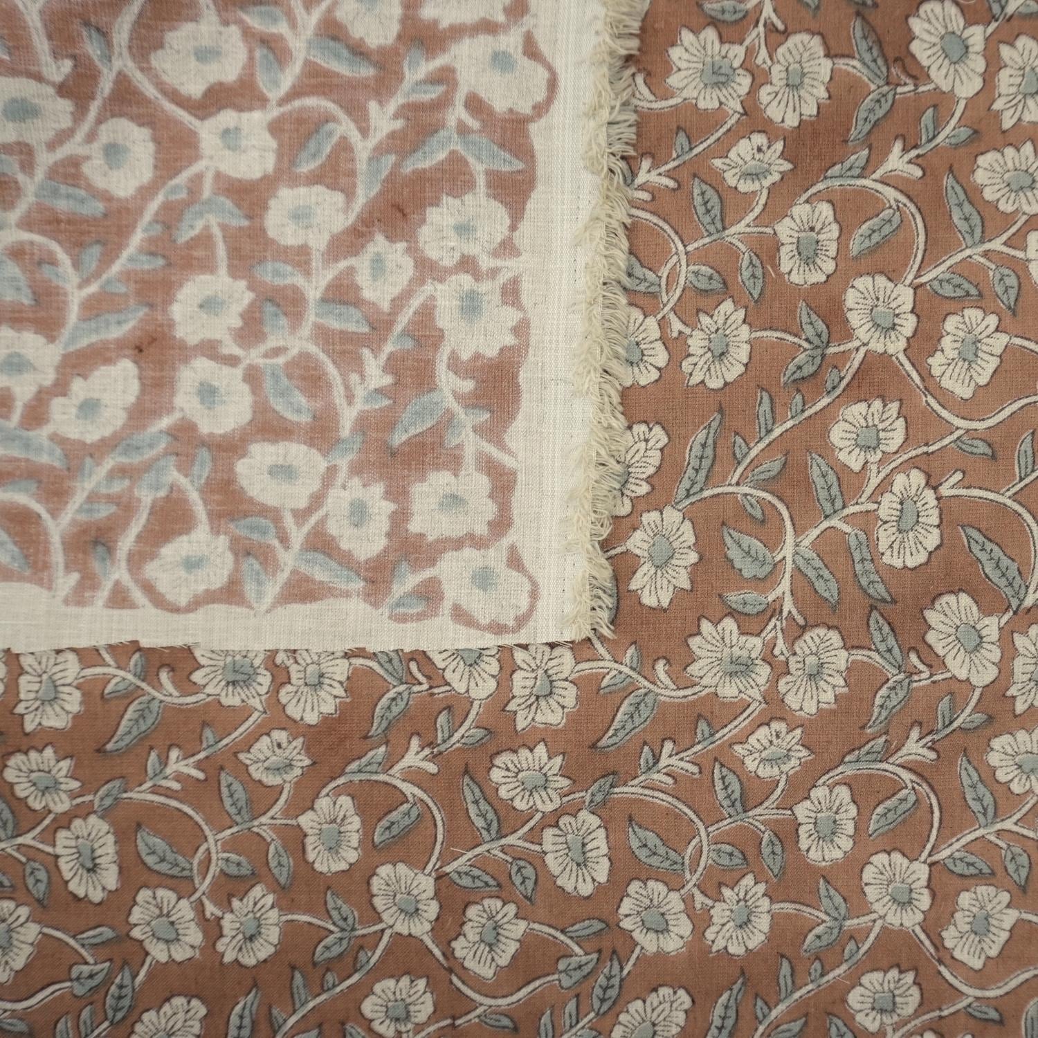Aristan Pure Linen Hand Block Print Brown Floral Fabric - Haridwar
