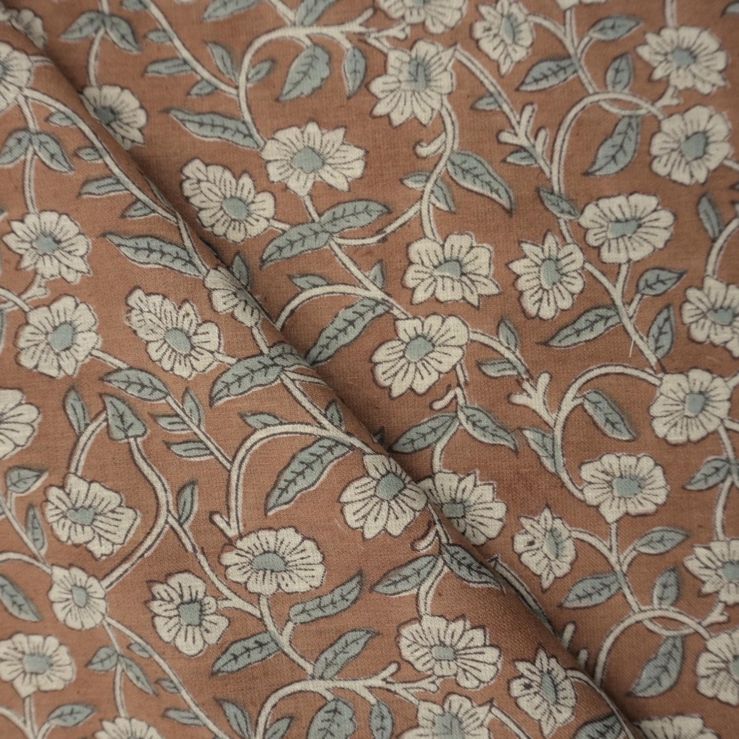 Aristan Pure Linen Hand Block Print Brown Floral Fabric - Haridwar