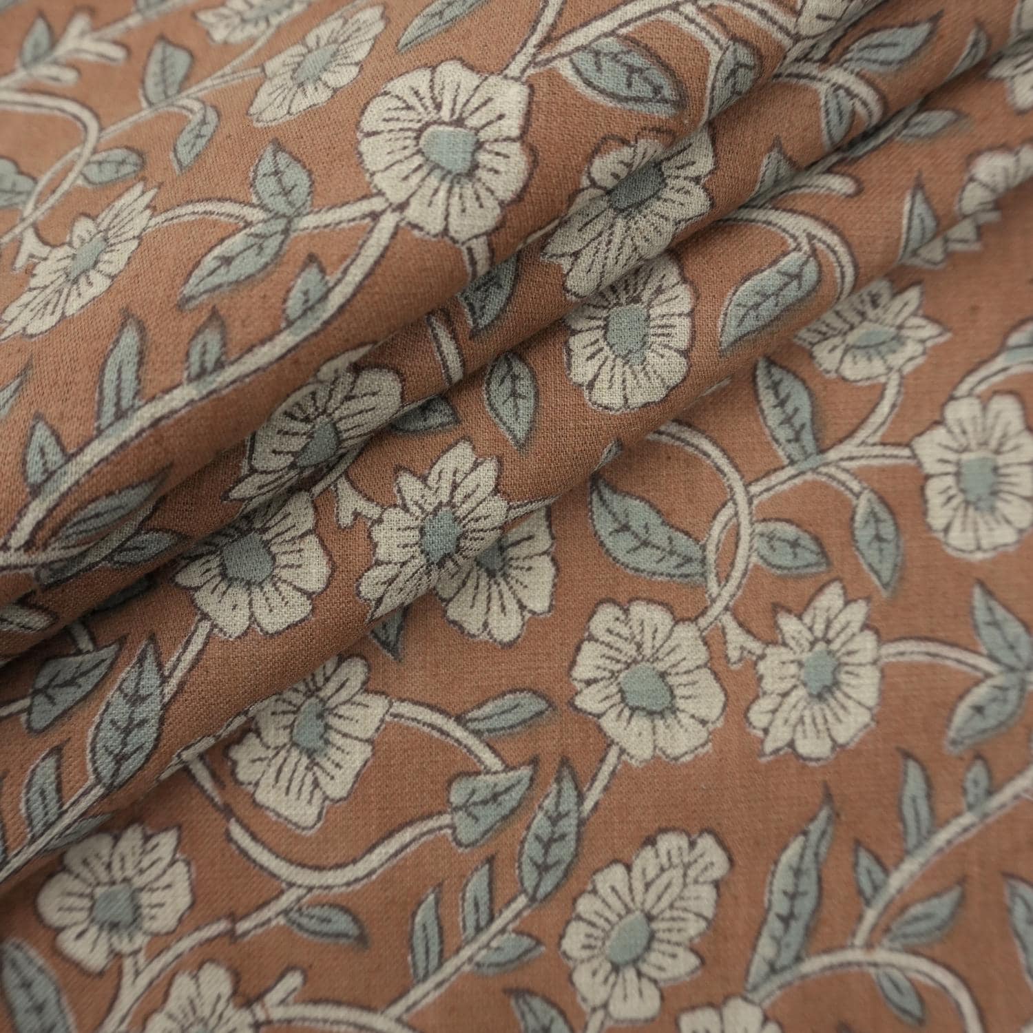 Aristan Pure Linen Hand Block Print Brown Floral Fabric - Haridwar