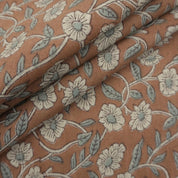 Aristan Pure Linen Hand Block Print Brown Floral Fabric - Haridwar
