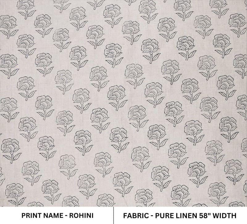 Aristan Pure Linen Hand Block Print Grey Floral Fabric - Rohini