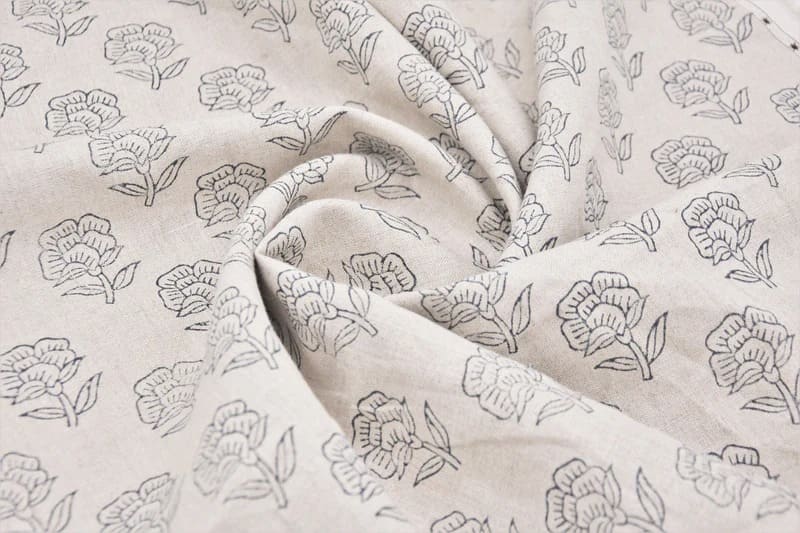 Aristan Pure Linen Hand Block Print Grey Floral Fabric - Rohini