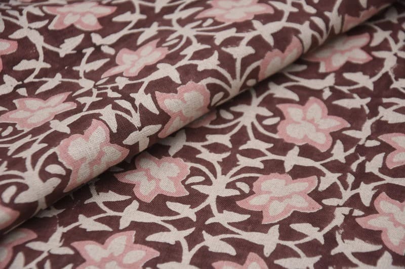 Aristan Hand Block Print Pink Pure Linen Fabric - Chudamani