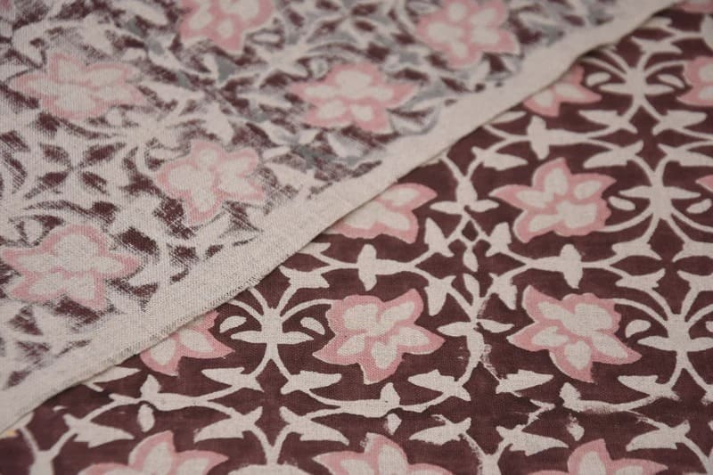Aristan Hand Block Print Pink Pure Linen Fabric - Chudamani