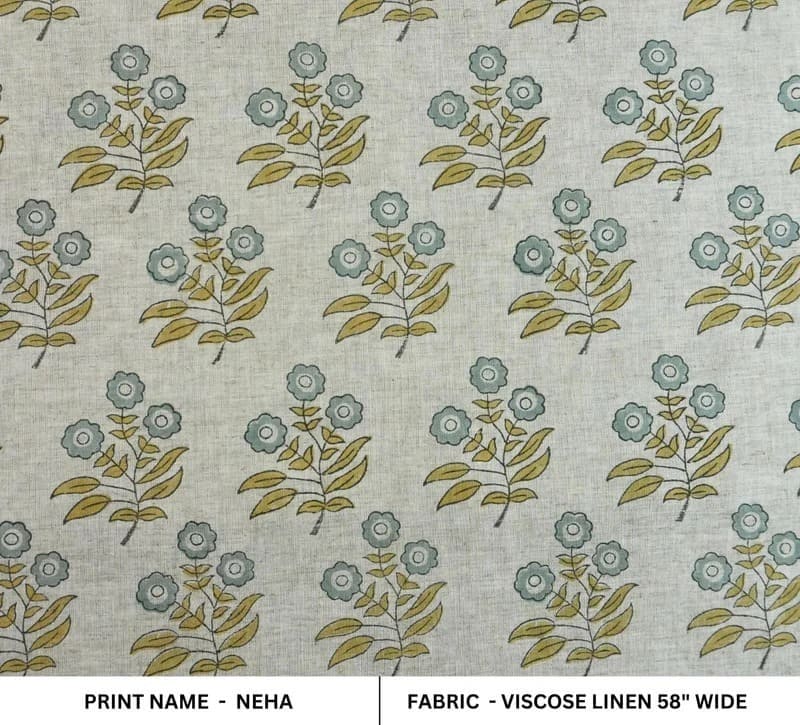 Arsitan Handmade  Block Printed Blue Floral Viscose Linen Fabric - Neha