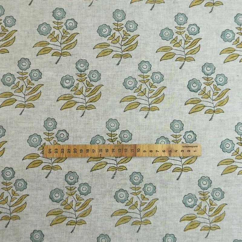 Arsitan Handmade  Block Printed Blue Floral Viscose Linen Fabric - Neha