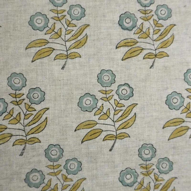 Arsitan Handmade  Block Printed Blue Floral Viscose Linen Fabric - Neha
