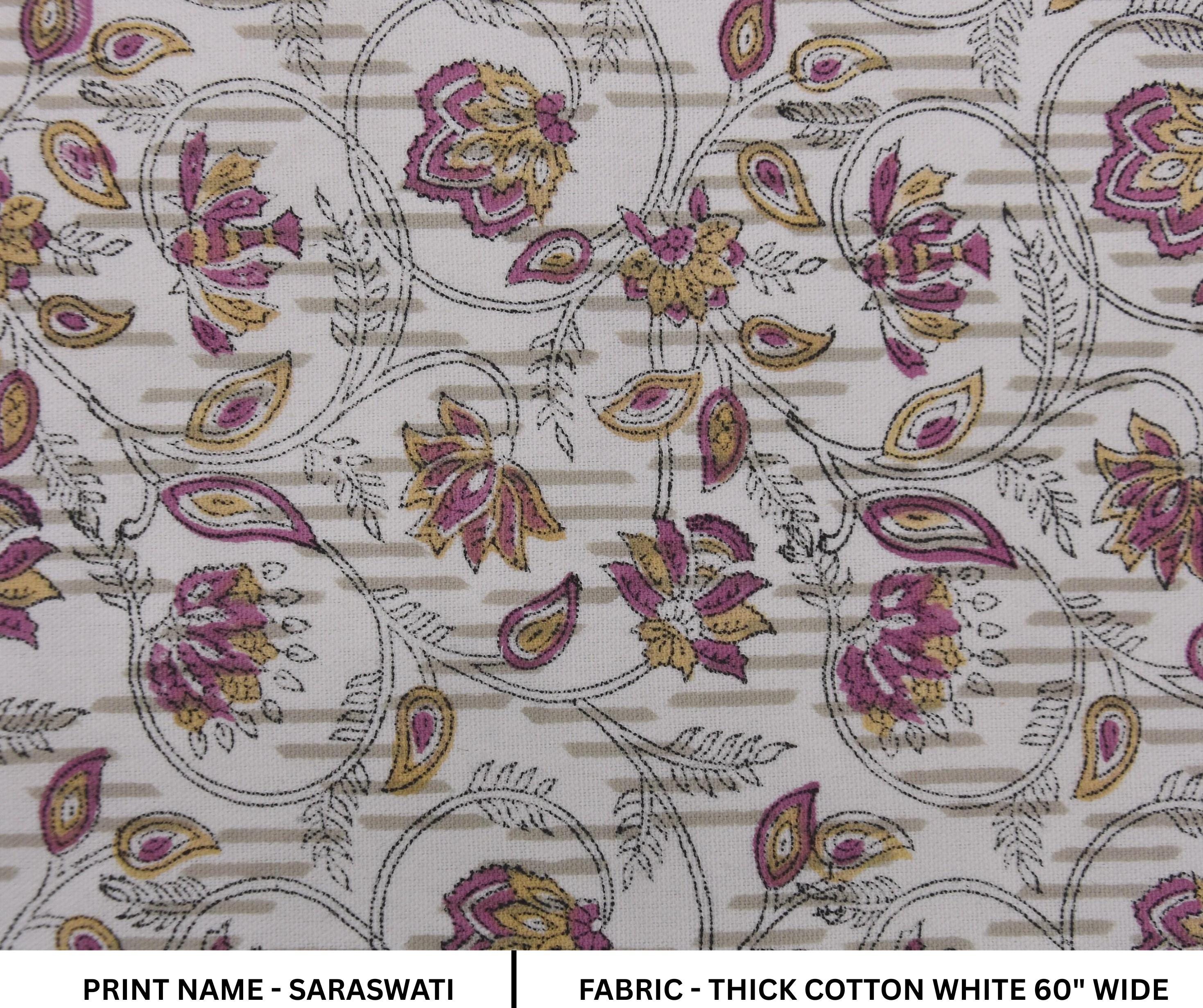 Linen Block Print Fabric Thick Cotton White 60 Inch Width Medium Weight Linen White Base Color Curtains and Drapes Upholstery Handmade Art Pillow Covers Tablecloths and Runners Bedding Tote Bag Lampshades Napkins by Fabritual