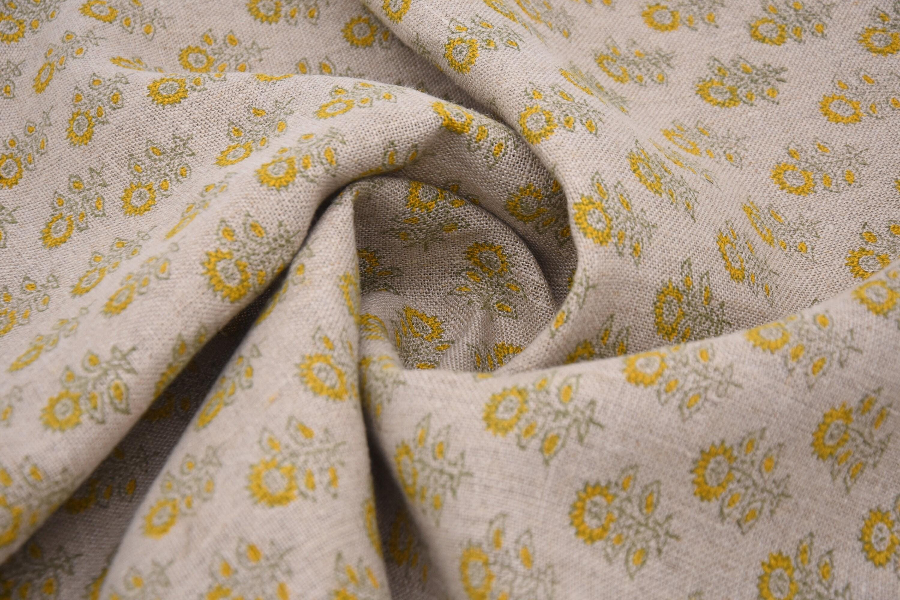 Indian Hand Block Thick Linen 58" Wide Mustard Floral Sofa Cover Fabric on Bagru Buti Print