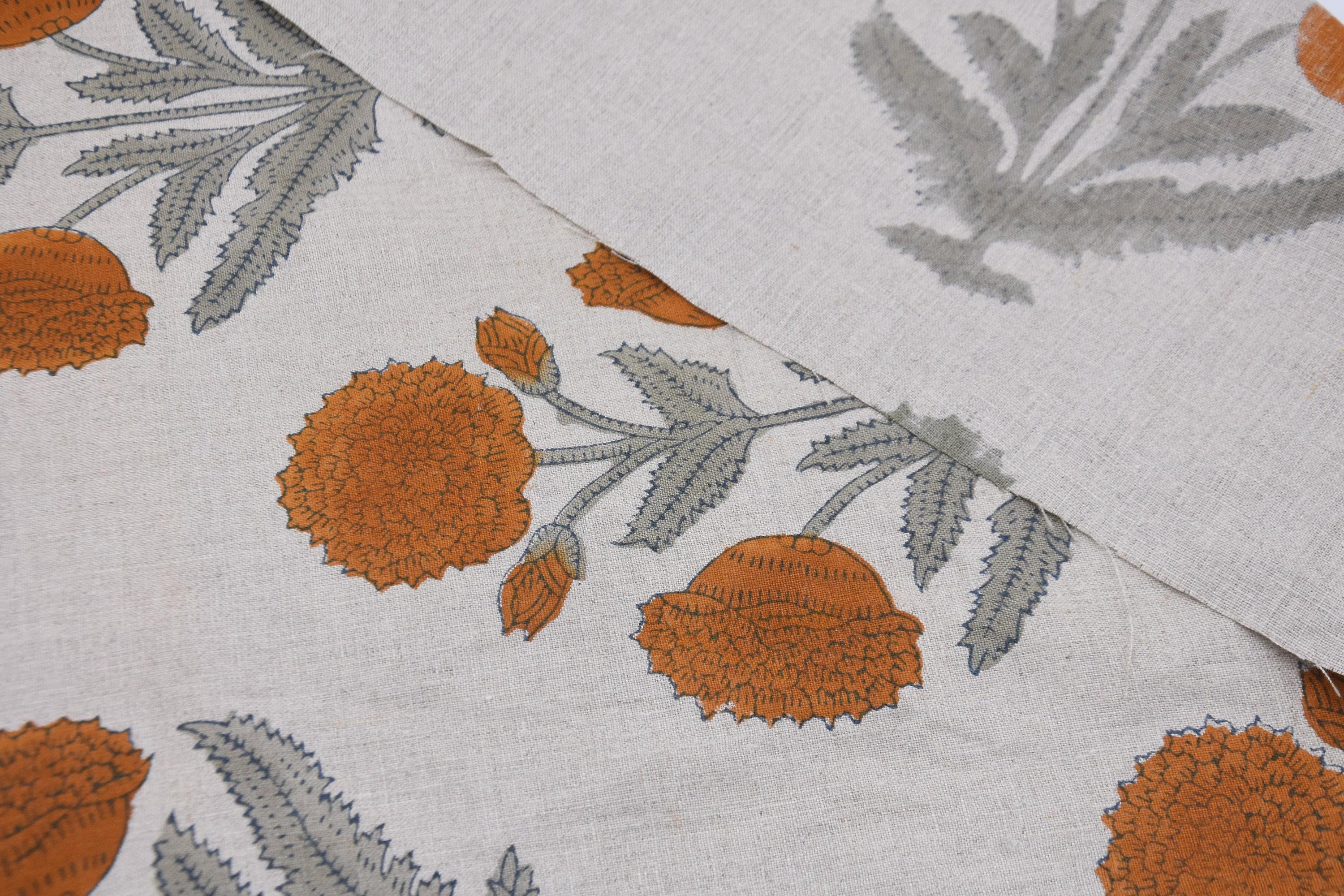 Linen Block Print Fabric 58&quot; Width Medium Weight Linen Natural Base Color Curtains and Drapes Upholstery Pillow Covers Tablecloths and Runners Bedding Tote Bag Lampshades Napkins