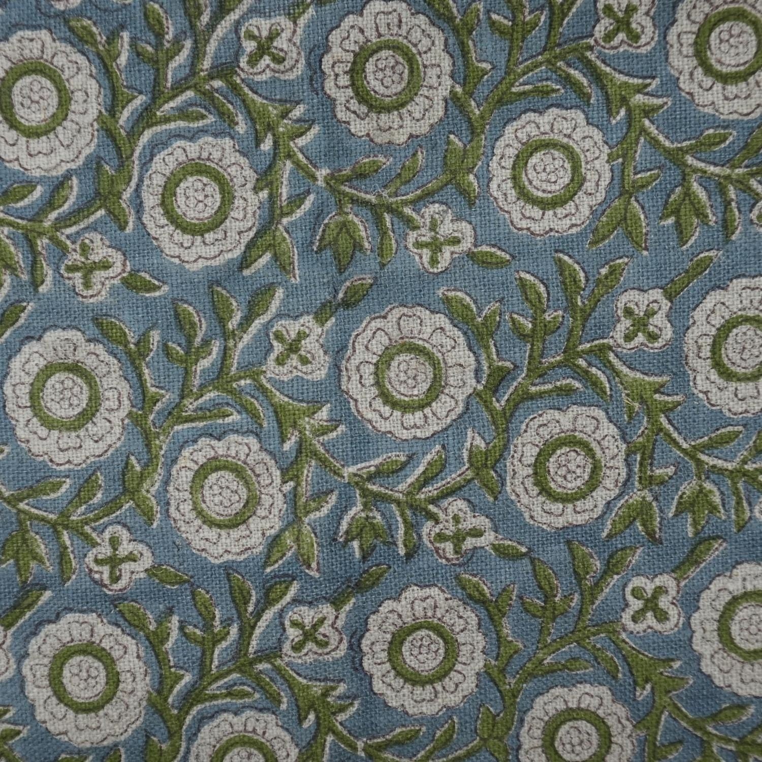 Linen Block Print Fabric 58 Inch Width Heavy Weight Linen Natural Base Color Curtains and Drapes Upholstery Handmade Art Pillow Covers Tablecloths and Runners Bedding Tote Bag Lampshades Napkins