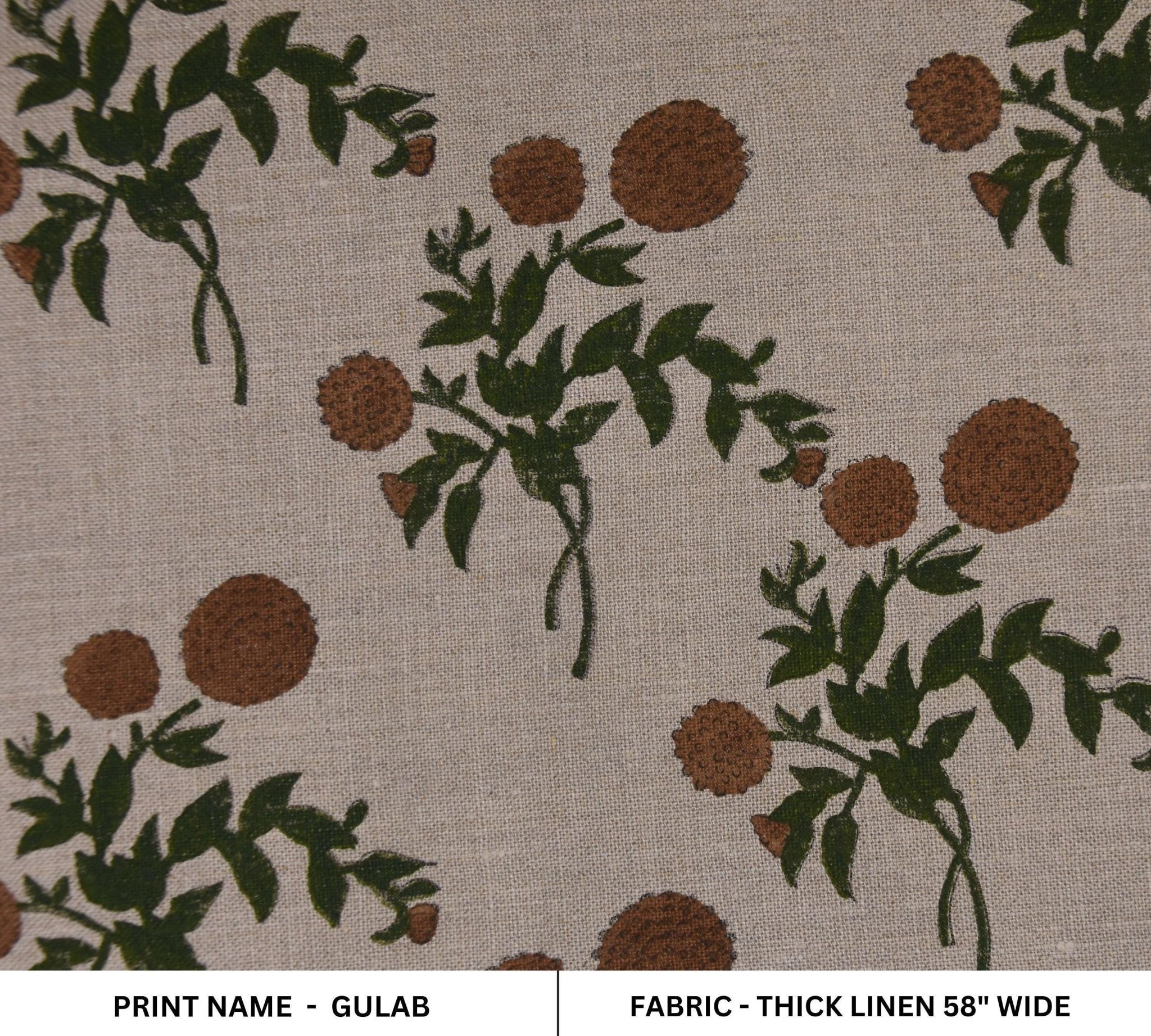 Linen Block Print Fabric 58&quot; Width Heavy Linen Natural Base Color Curtains and Drapes Upholstery Pillow Covers Tablecloths and Runners Bedding Tote Bag by Fabritual