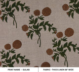 Handmade Floral Block Printed Brown and Green Thick Linen Fabric for Pillows, Curtains, Sofa Covers & Upholstery - Gulab