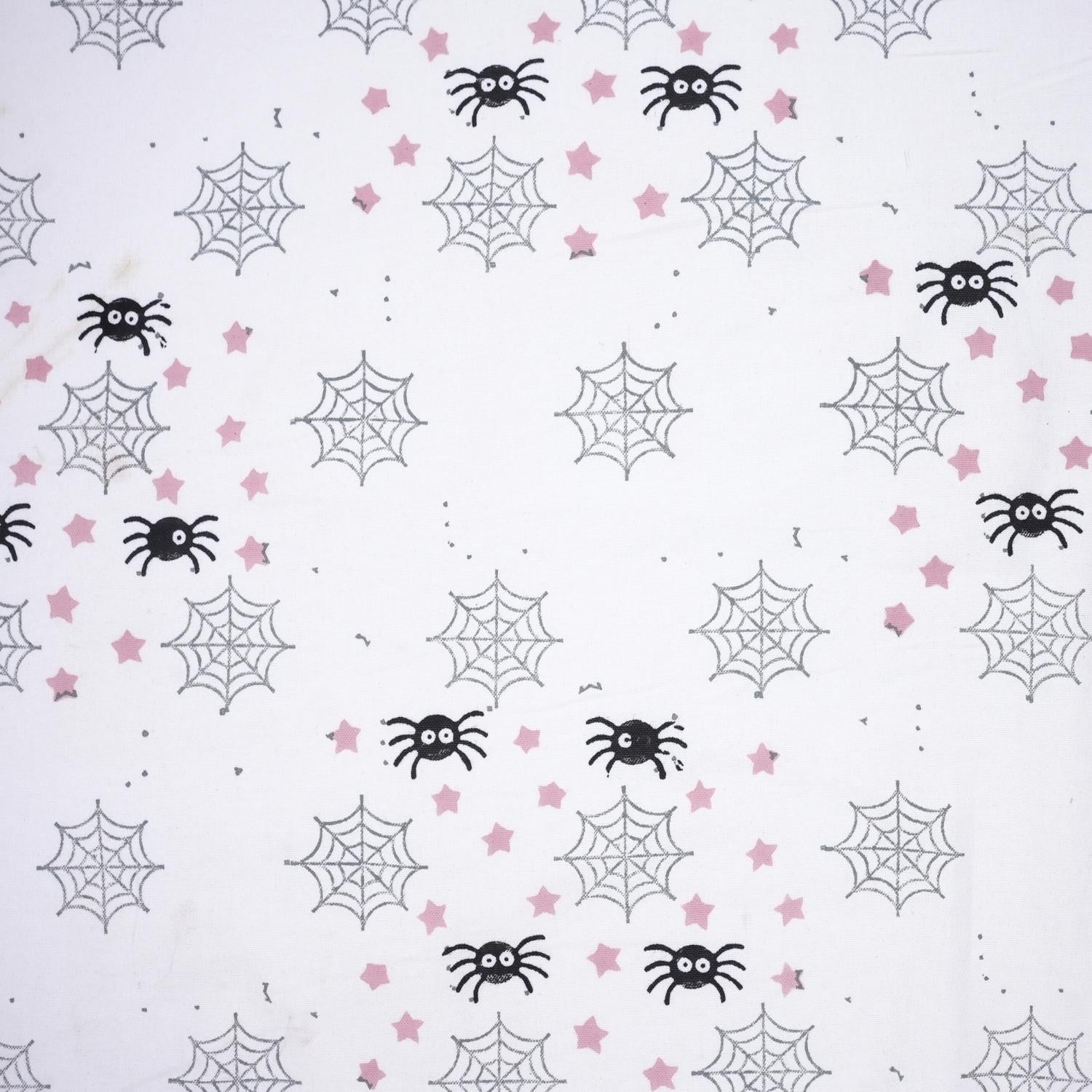 Indian Hand Block Black and Gray Spider Print Cuchion Cover Fabric for Halloween Decor in Thick Cotton White