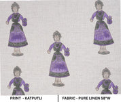 Handmade Art Block Print Decorative Katputli in Purple and Gray on Pure Linen Fabric for Cushion Cover