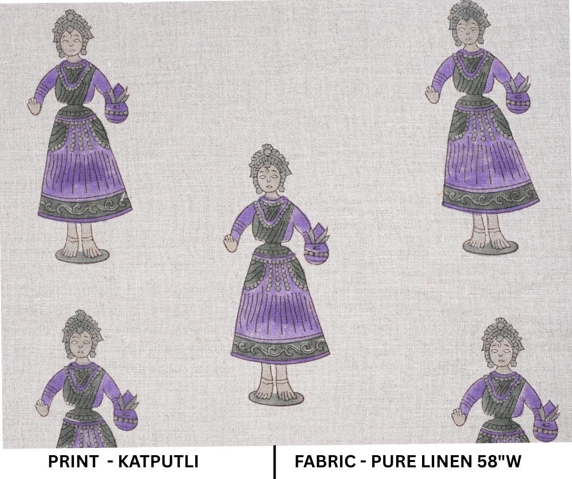Handmade Art Block Print Decorative Katputli in Purple and Gray on Pure Linen Fabric for Cushion Cover