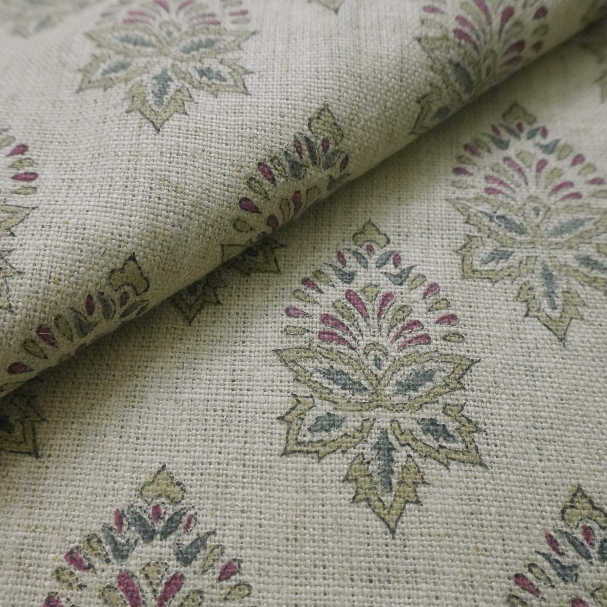 Linen Block Print Fabric 58 Inch Width Heavy Weight Linen Natural Base Color Curtains and Drapes Upholstery Handmade Art Pillow Covers Tablecloths and Runners Lampshades Napkins by Fabritual