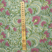 Indian Block Printed Premium Pure Linen Fabric in Rose and Mustard Green Floral for Couch & Sofa Covers - Kundanvan