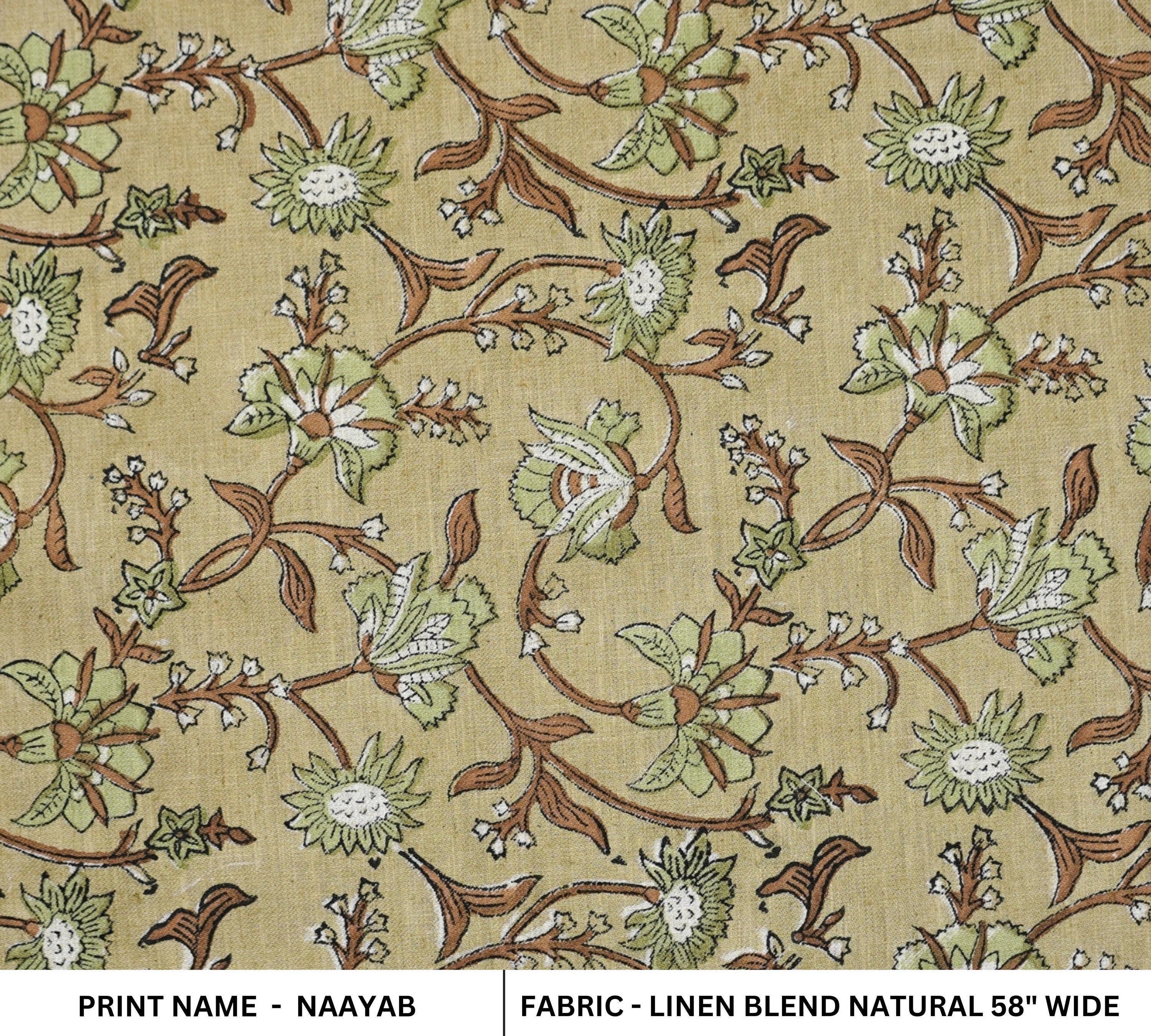Linen Block Print Fabric Linen Blend 58 Inch Width Light Weight Linen Natural Base Color Curtains and Drapes Upholstery Handmade Art Pillow Covers Tablecloths and Runners Bedding Tote Bag Lampshades Napkins by Fabritual
