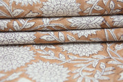 Block Printed Duck Canvas Fabric in Mediumweight Material in Bronze and Beige Floral for Window Curtains - RAJAT