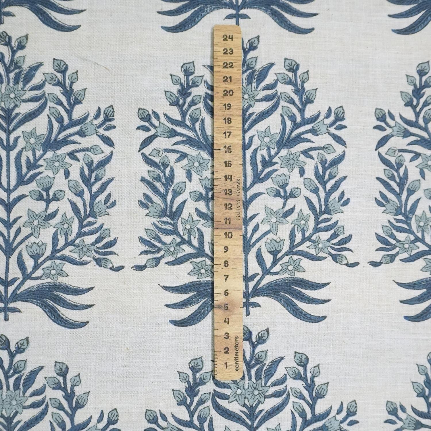 Handcrafted Silver and Dark Blue Block Printed Floral Linen Blend Natural Fabric for Curtains – Vrindavan