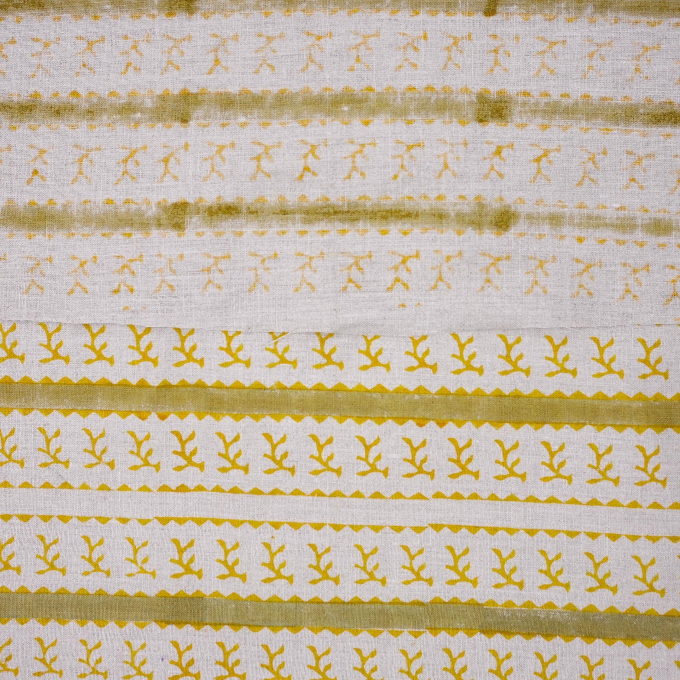 Hand Block Printed Decorative Mustard and Green Floral Pure Linen Fabric for Upholstery - Phool Dali
