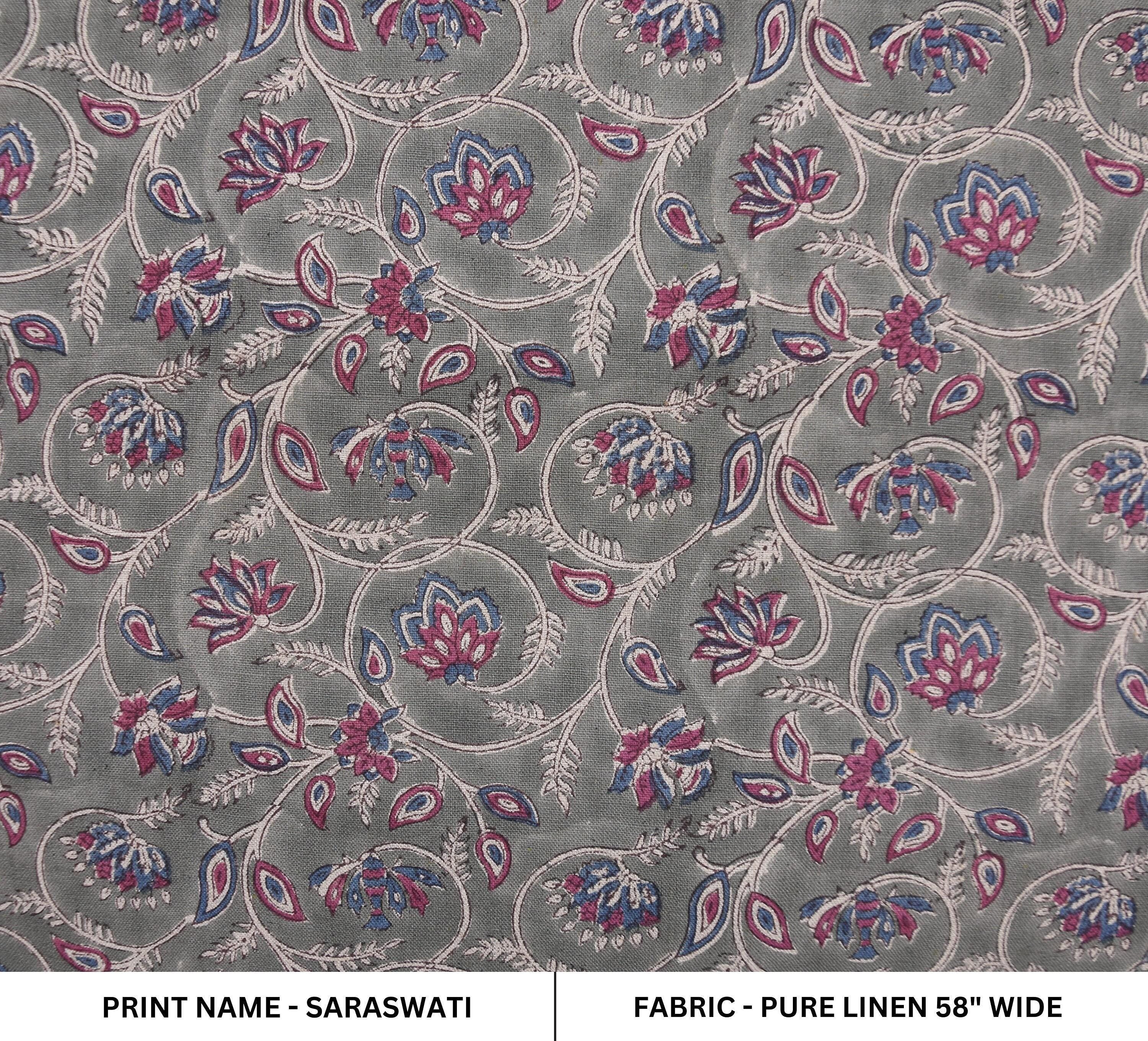 Hand block printed pure linen fabric for throw pillows and window panels
Traditional floral linen fabric for curtains and cushion covers
Rustic pure linen with block prints for table runners and napkins.