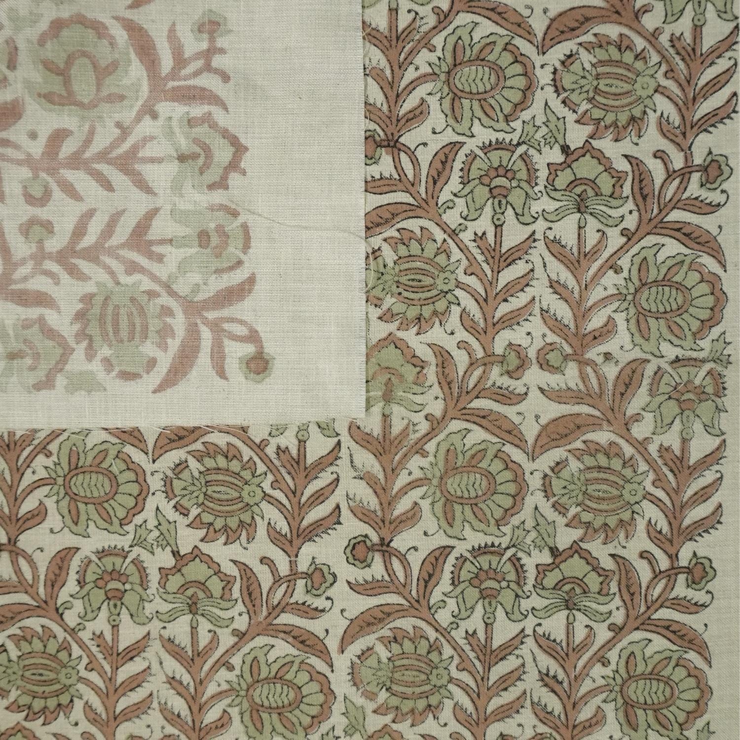 Bohemian cotton blend fabric, Indian floral print for rustic pillows and tables, Viscose linen fabric, Indian floral motif for drapes and dining napkin sets Earthy Indian block print fabric, viscose-linen blend for pillows and benches.