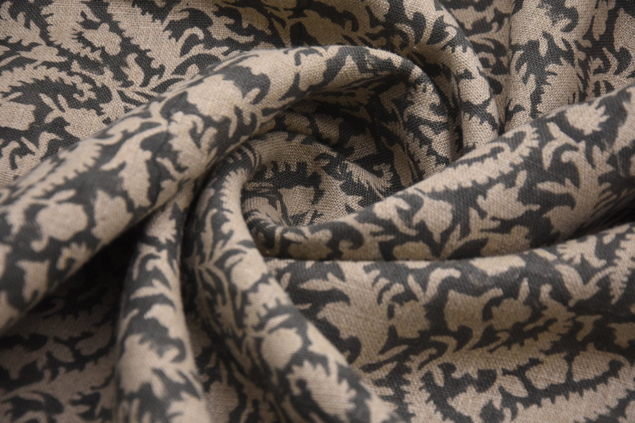 Handcrafted Block Printed Beige and Gray Floral in Thick Linen Fabric for Decorative Cushion Covers - Black Forest