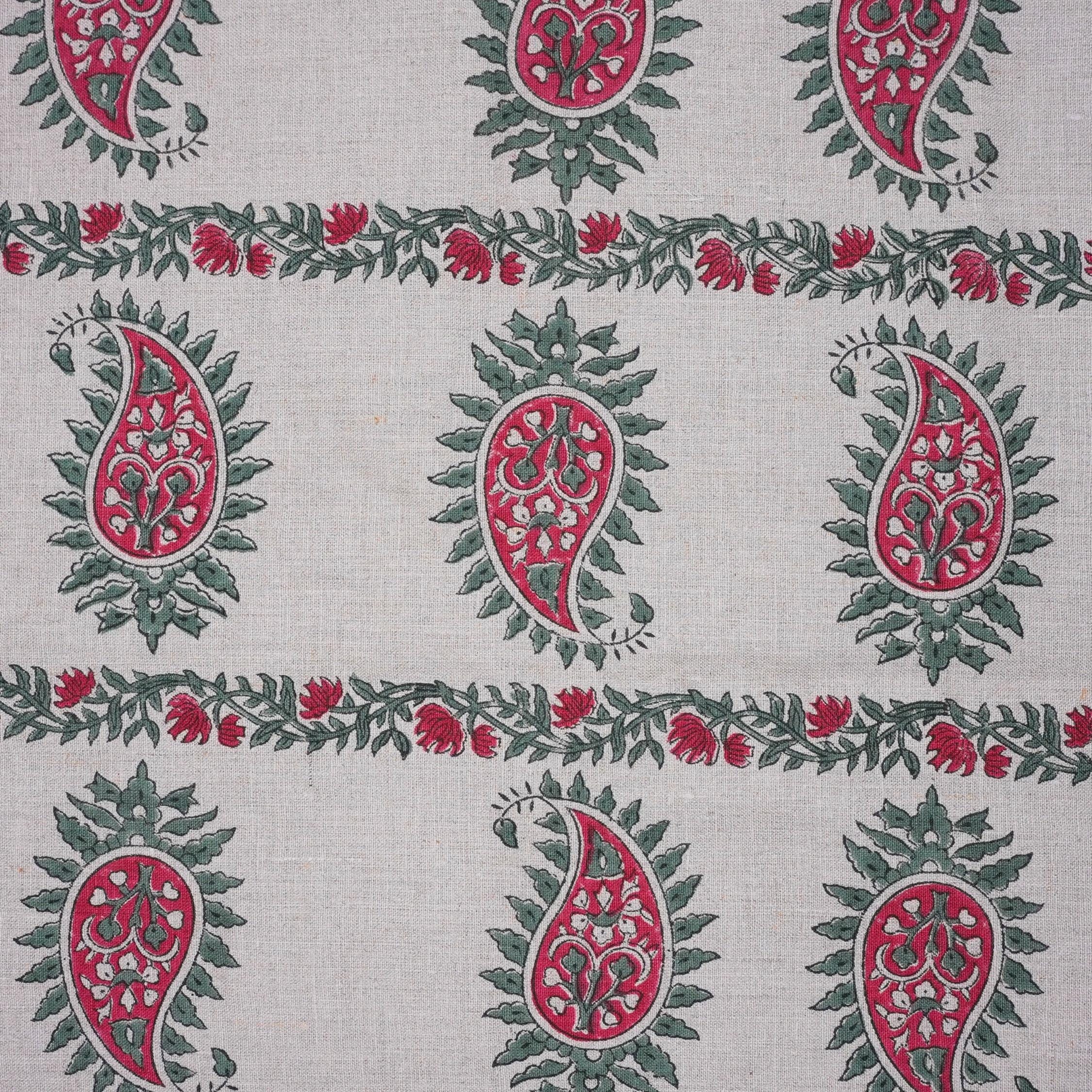 Wooden Block Printed Boho Pink and Gray Decorative Floral Pure Linen Fabric for Curtains - Lakshita