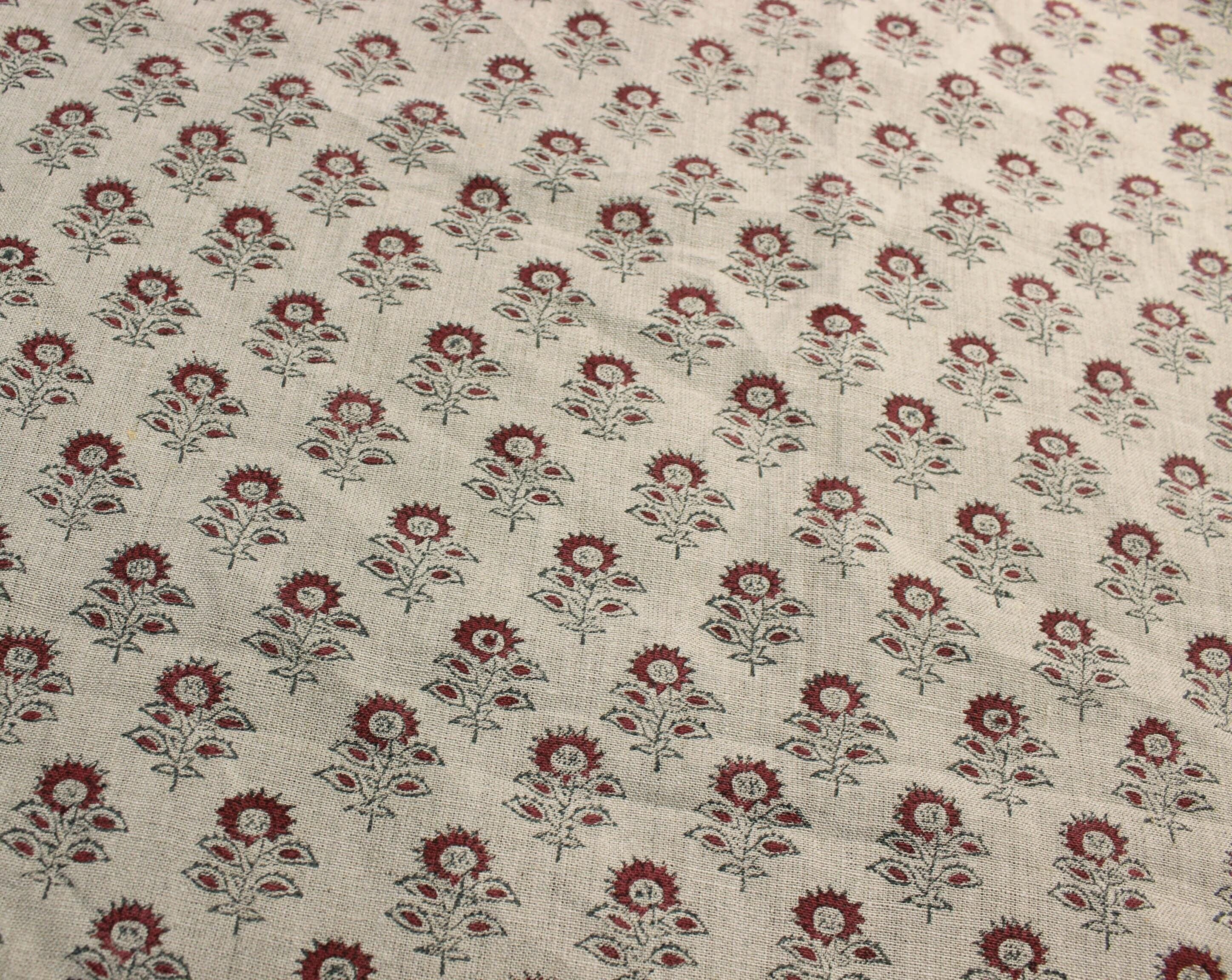 Linen Block Print Fabric 58&quot; Width Heavy Linen Natural Base Color Curtains and Drapes Upholstery Pillow Covers Tablecloths and Runners Bedding Tote Bag by Fabritual