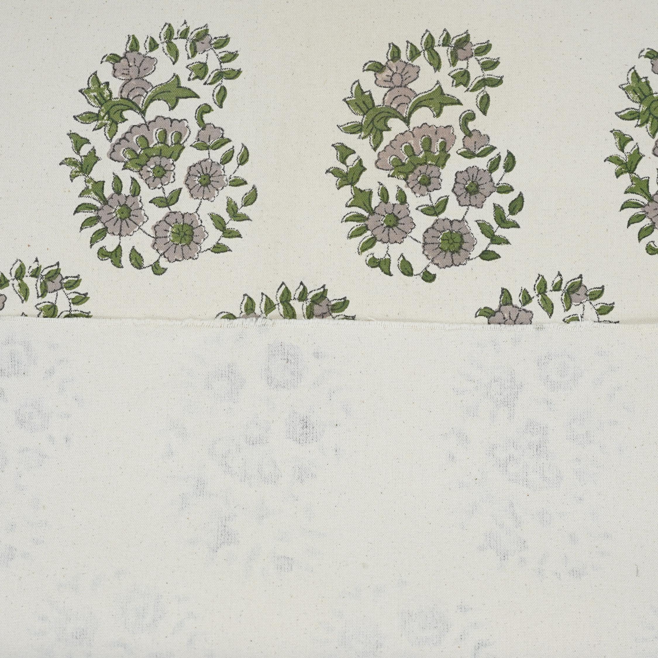 Hand-Stamped Block Printed Beige and Green Floral Duck Canvas Fabric for Curtains & Window Treatments – ANARKALI