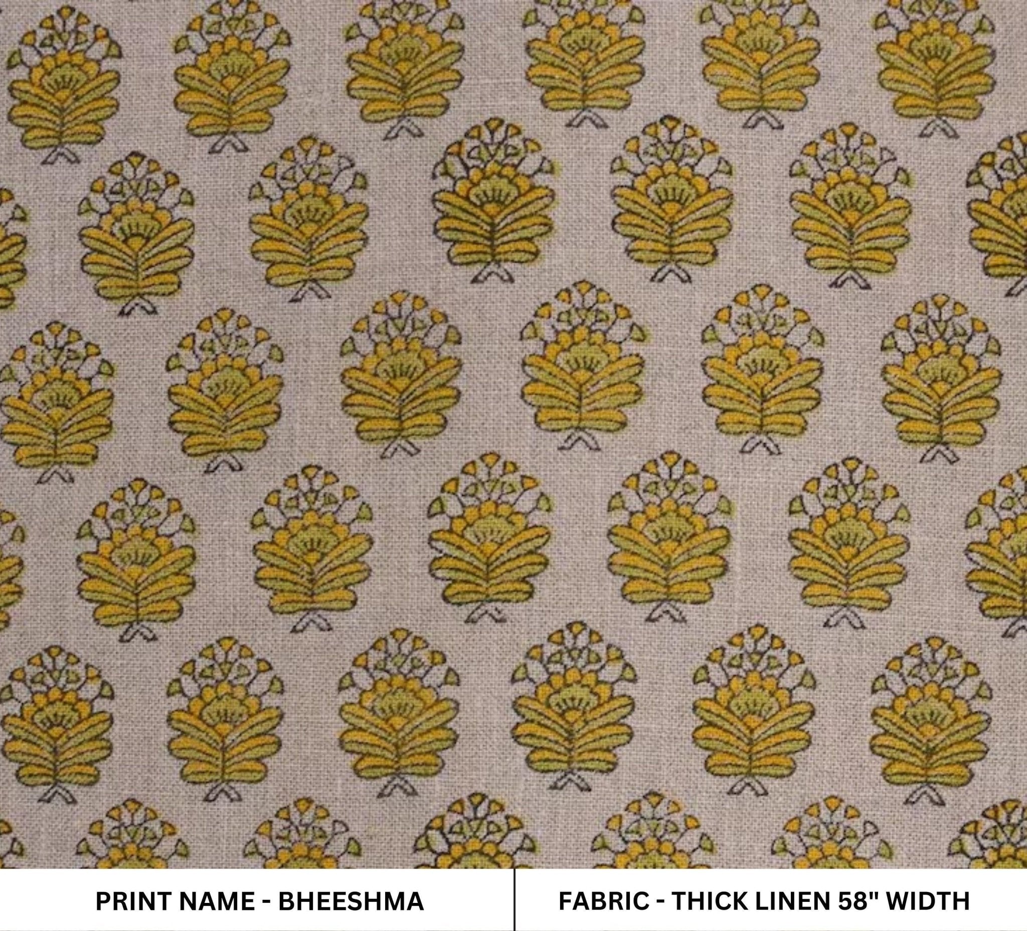 Indian Made Block Printed Thick Pure Linen 58" Wide Yellow and Green Floral Fabric for Sofa Covers – Bheeshma