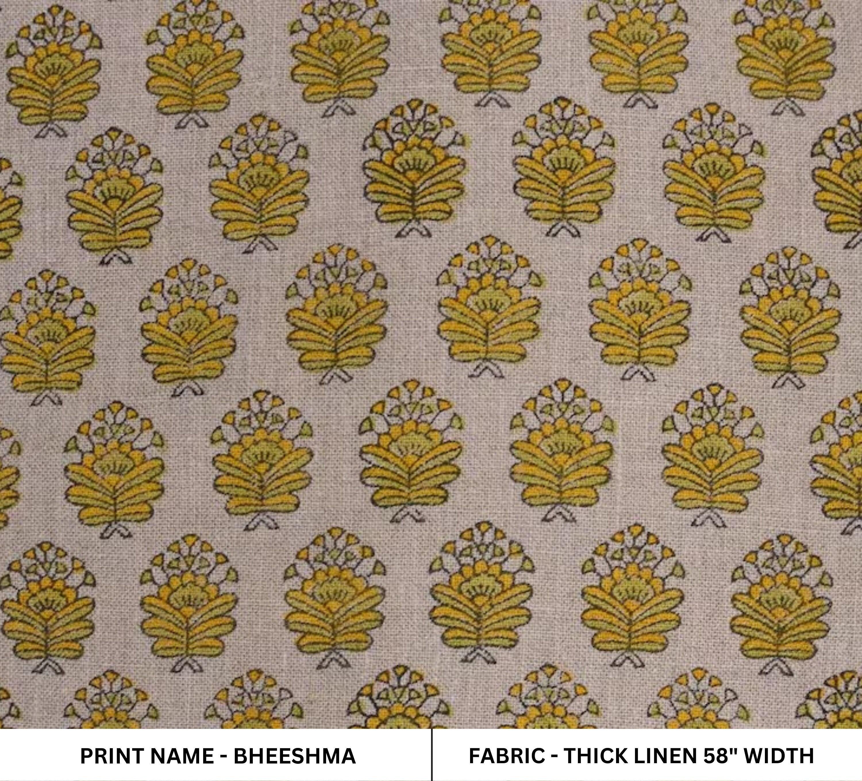 Indian Made Block Printed Thick Pure Linen 58" Wide Yellow and Green Floral Fabric for Sofa Covers – Bheeshma