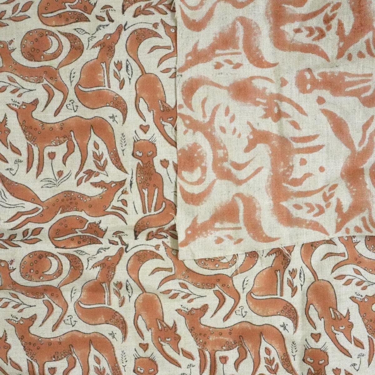 Handcrafted Indian Block Printed Premium Pure Linen Brown and Pastel Gray Animal 58" Wide Fabric – Gehravan