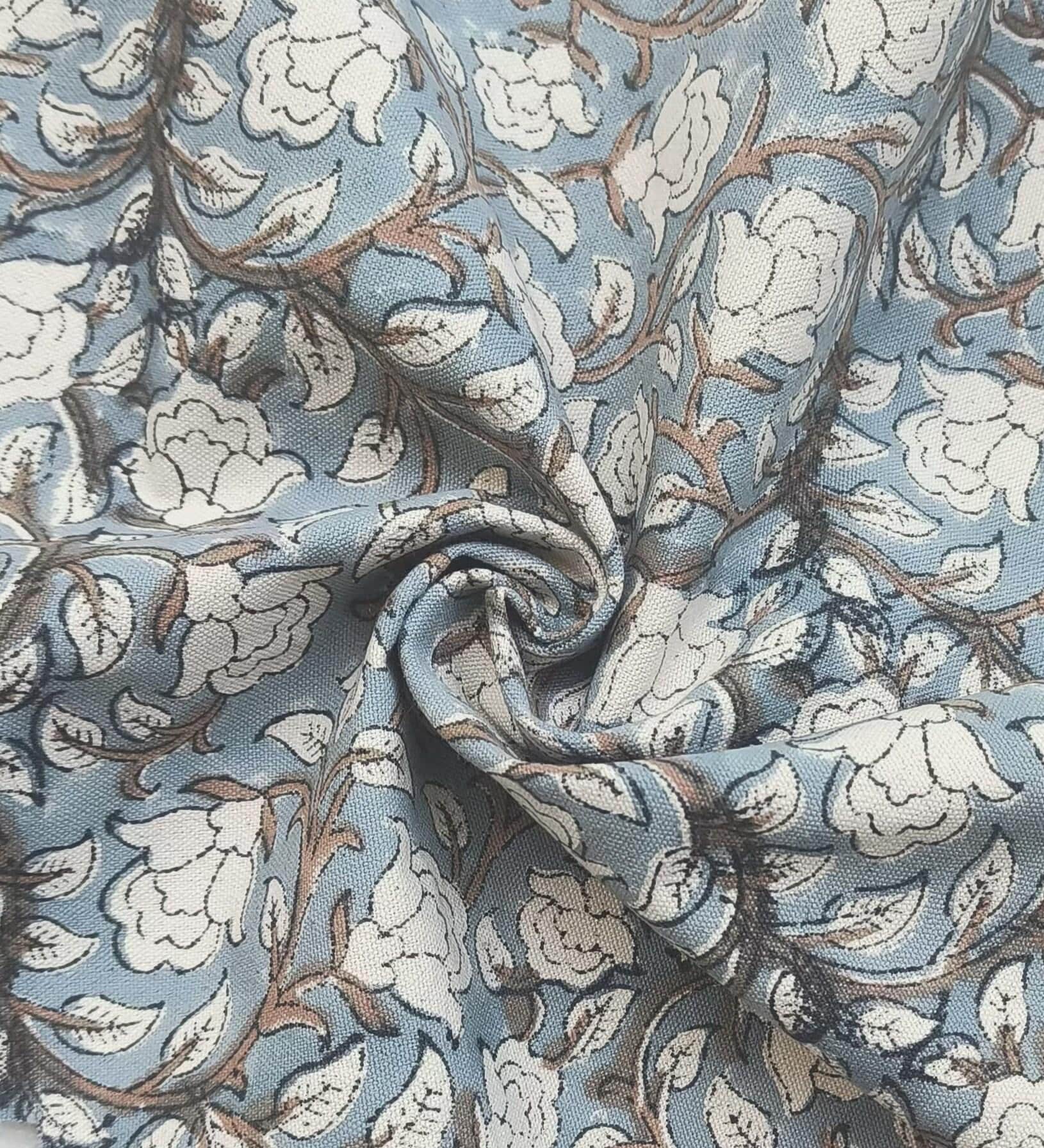 Handmade Block Printed Duck Canvas Fabric in Bluish & Beige Floral for Decorative Cushion & Curtain Covers - Amritvela
