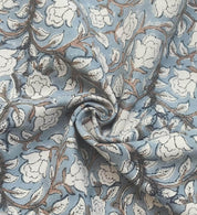 Handmade Block Printed Duck Canvas Fabric in Bluish & Beige Floral for Decorative Cushion & Curtain Covers - Amritvela