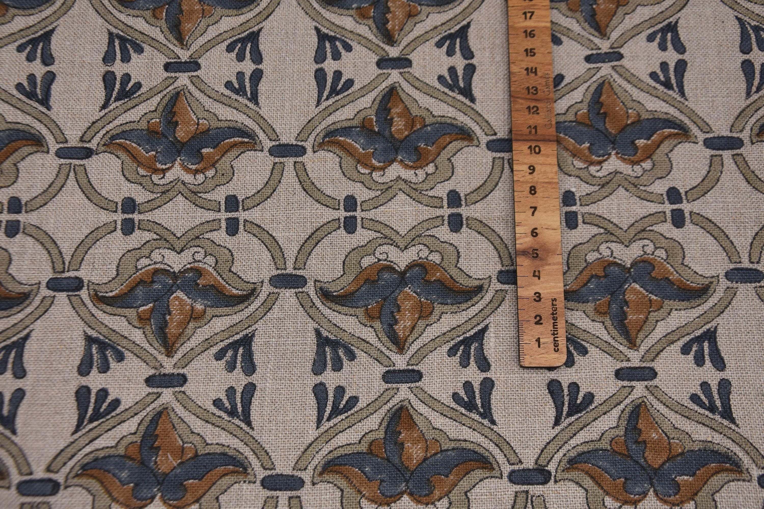 Linen Block Print Fabric 58 Inch Width Heavy Weight Linen Natural Base Color Curtains and Drapes Upholstery Handmade Art Tablecloths and Runners Bedding Tote Bag Lampshades Napkins by Fabritual